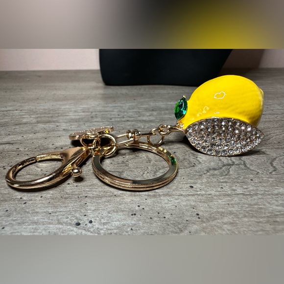 Yellow Lemon Keychain with Rhinestone Leaf - Picture 3 of 4